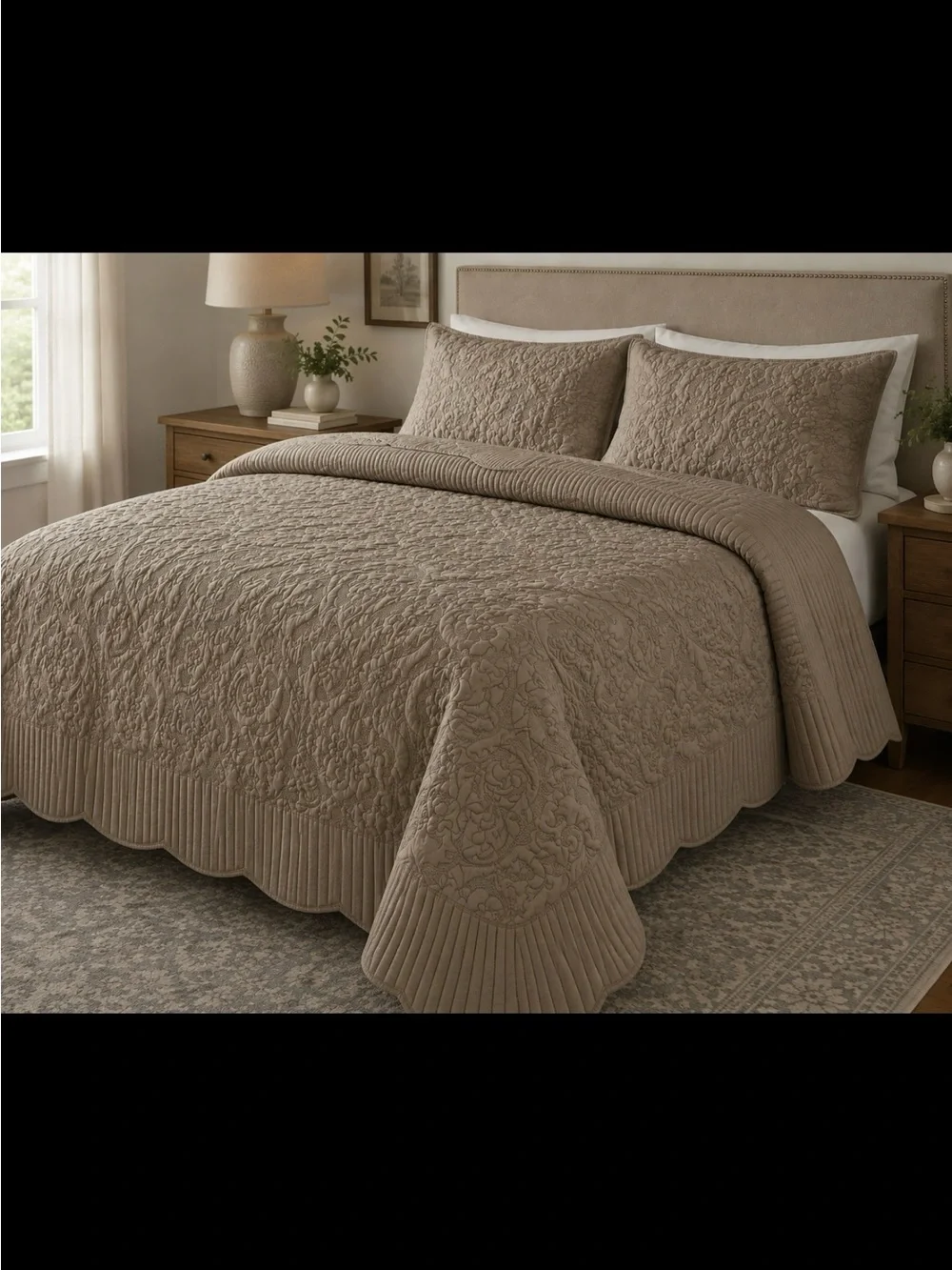 Oversized King Neutral Beige Sage Quilted Bedspread Scalloped Edges 115” x 120”